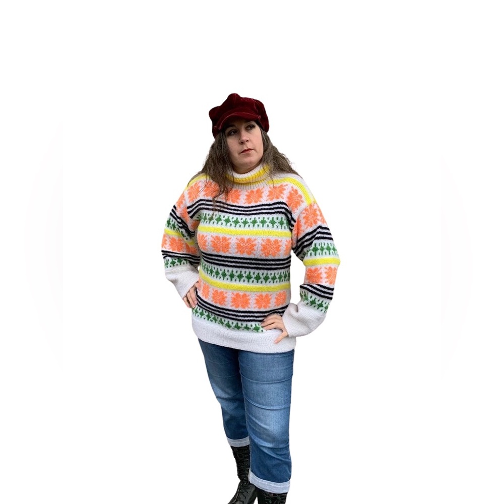 70s Hand knit sweater 1970s hippy Vtg Orange,Yellow, green Pullover Groovy vibes - Picture 5 of 10